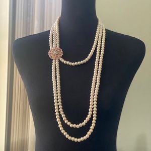 3 Tier Pearl Necklace w/ Brooch and  earrings - New w/o Tags